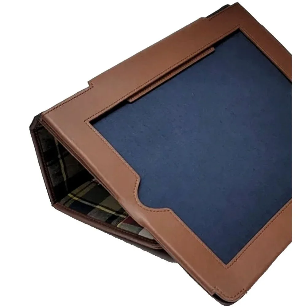 NEW POLO RALPH LAUREN Patchwork Madras Plaid & Leather Tablet Cover! Navy Brown
